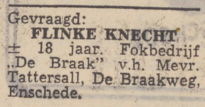 De Braakweg 141 Fokbedrijf De Braak v.h. Mevr. Tattersaal advertentie Twentsche Courant 23-4-1953.jpg