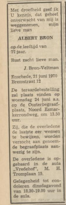 Bremstraat 12 Albert Bron overlijdensadvertentie Tubantia 22-9-1970.jpg