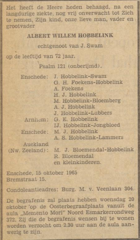 Bremstraat 15 A.W. Hobbelink overlijdensadvertentie Tubantia 18-10-1965.jpg