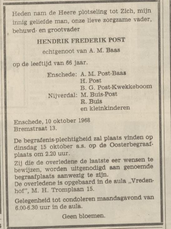 Bremstraat 13 H.F. Post overlijdensadvertentie Tubantia 11-10-1968.jpg