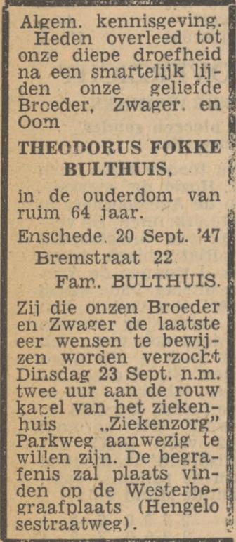 Bremstraat 22 Th.F. Bulthuis overlijdensadvertentie Tubantia 22-9-1947.jpg