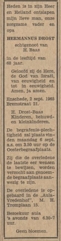Bremstraat 23 Hermannus Drost overlijdensadvertentie Tubantia 3-9-1965.jpg