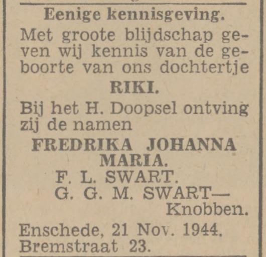 Bremstraat 23 G.G.M. Swart-Knobben advertentie Twentsch nieuwsblad 23-11-1944.jpg