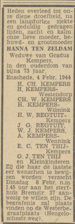 Bremstraat 37 wed. H. Kempers-ten Zeldam overlijdensadvertentie Twentsch nieuwsblad 5-2-1944.jpg