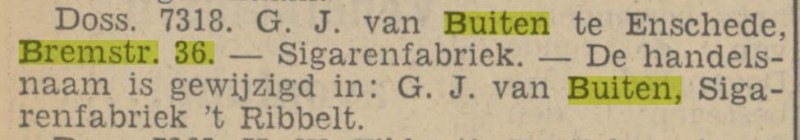 Bremstraat 36 G.J. van Buiten sigarenfabriek krantenbericht Tubantia 8-10-1938.jpg