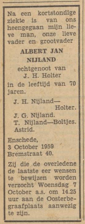 Bremstraat 40 A.J. Nijland overlijdensadvertentie Tubantia 5-10-1959.jpg