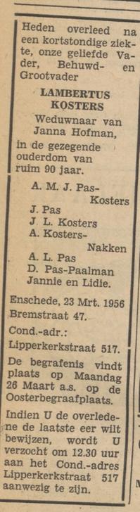 Bremstraat 47 Lambertus Kosters overljdensadvertente Tubanta 24-3-1956.jpg
