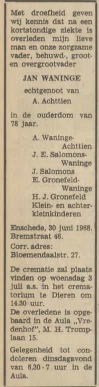Bremstraat 46 Jan Waninge overlijdensadvertentie  Tubantia 1-7-1968.jpg