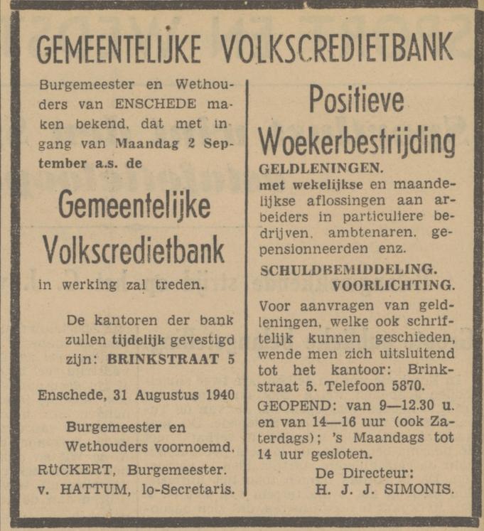 Brinkstraat 5 H.J.J. Simonis directeur Gemeentelijke Volkscredietbank advertentie Tubantia 31-8-1940.jpg