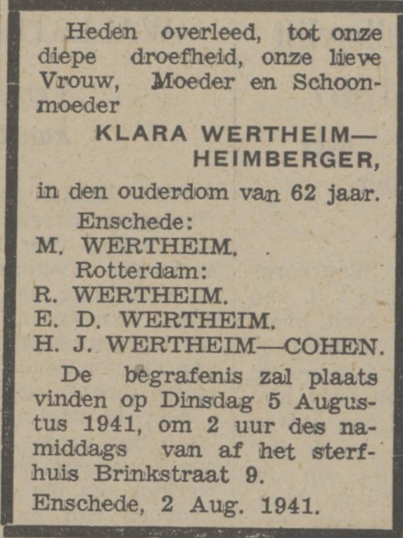 Brinkstraat 9 M. Wertheim advertentie Algemeen Handelsblad 5-8-1941.jpg