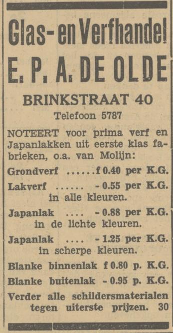 Brinkstraat 40 Glas- en Verfhandel E.P.A. de Olde advertentie Tubantia 11-8-1933.jpg