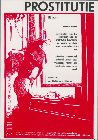 Walstraat 21 Prostitutie Thema - avond spreekster over het ontstaan van prostitutie-beweging, de positie en strijd van prostituées hoeren. Videofilm Raamwerk, in De Tor. Poster 18-1-1989.jpeg