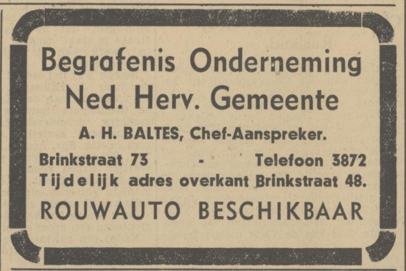 Brinkstraat 73 Begrafenisonderneming der Ned. Herv. chef-aanspr. A. H. Baltes advertentie Tubantia 27-9-1937.jpg