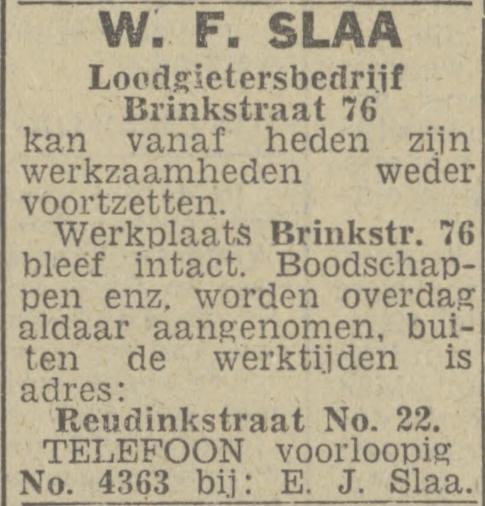 Brinkstraat 76 Loodgietersbedrijf W.F. Slaa advertentie Tubantia 20-10-1943.jpg
