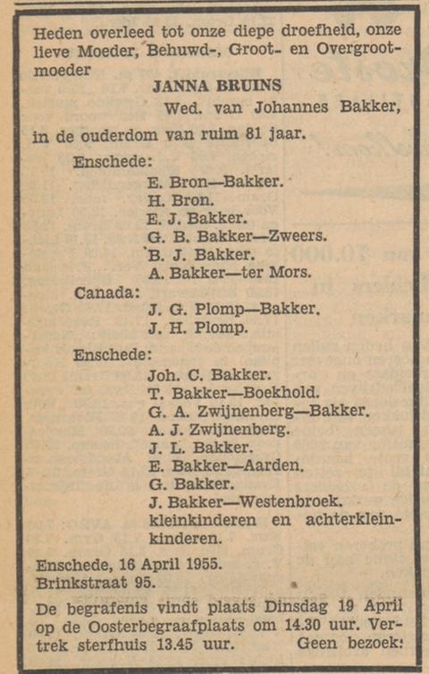 Brinkstraat 95 Wed. J. Bakker-Bruins overlijdensadvertentie 16-4-1955.jpg