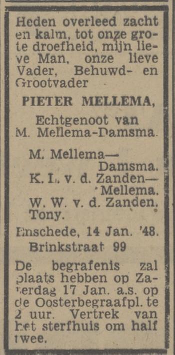 Brinkstraat 99 Pieter Mellema overlijdensadvertentie 16-1-1948.jpg