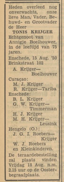 Brinkstraat 102 Tonis Krijger overlijdensadvertentie Tubantia 16-8-1950.jpg