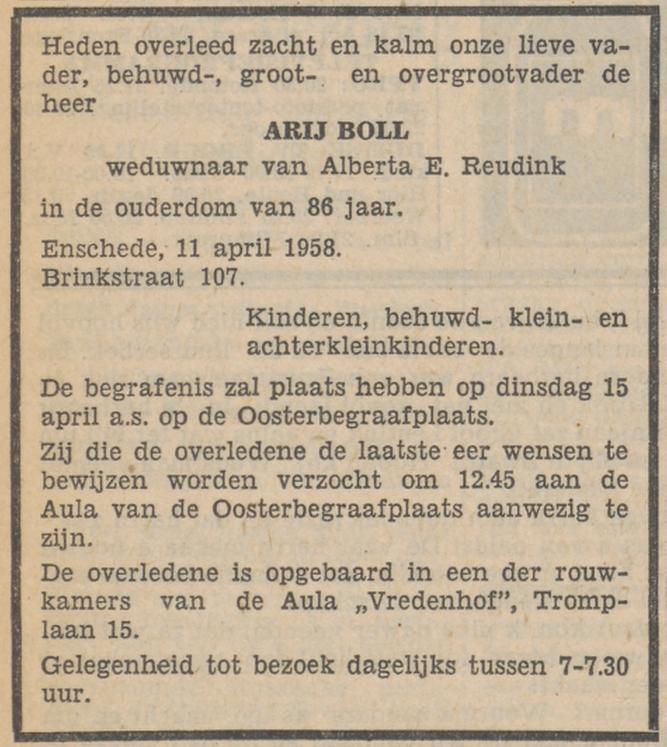 Brinkstraat 107 Arij Boll overlijdensadvertentie Tubantia 12-4-1958.jpg