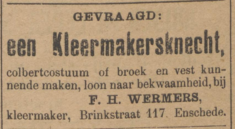 Brinkstraat 117 F.H. Wermers kleermaker advertentie Twentsche Courant 24-1-1914.jpg