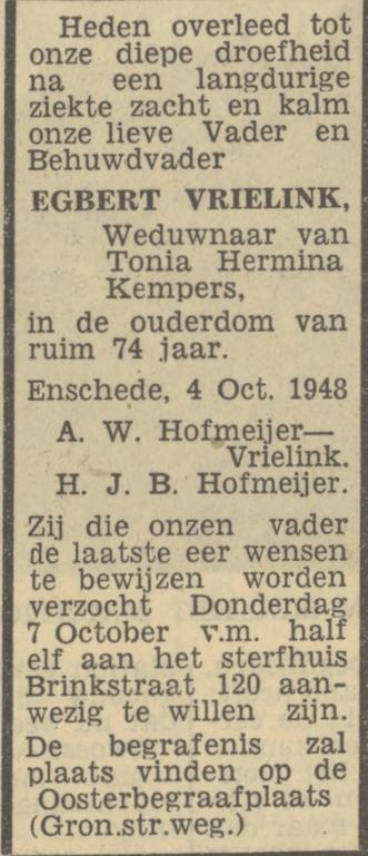 Brinkstraat 120 Egbert Vrielink overlijdensadvertentie Tubantia 5-10-1948.jpg