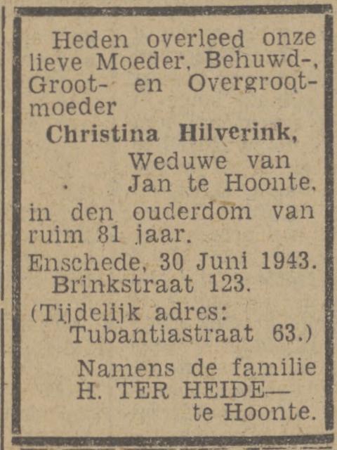 Brinkstraat 123 wed. Christina ten Hoonte-Hilverink overlijdensadvertentie Twentsch nieuwsblad 30-6-1943.jpg