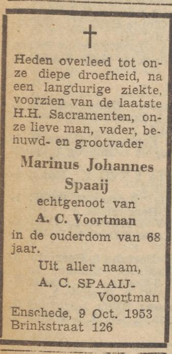 Brinkstraat 126 M.J. Spaaij overlijdensadvertentie Tubantia 10-10-1953.jpg