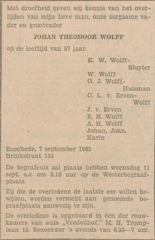 Brinkstraat 124 J.Th. Wolff overlijdensadvertntie Tubantia 9-9-1963.jpg
