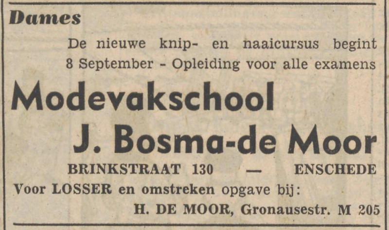 Brinkstraa 130 Modevakschool J. Bosma-de Moor advertentie Tubantia 28-8-1952.jpg