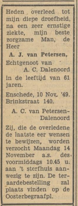 Brinkstraat 140 A.J. van Petersen overlijdensadvertentie Tubantia 11-11-1949.jpg