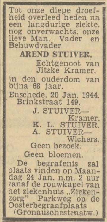 Brinkstraat 149 Arend Stuiver overlijdensadvertentie Twentsch nieuwsblad 21-1-1944.jpg