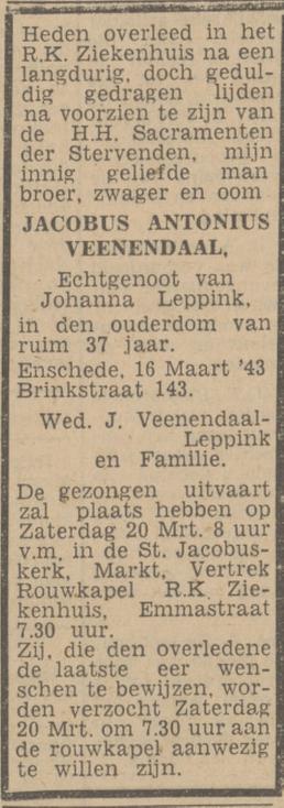 Brinkstraat 143 J.A. Veenendaal overlijdensadvertentie Tubantia 18-3-1943.jpg