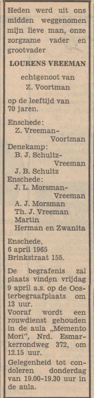 Brinkstraat 155 L. Vreeman overlijdensadverentie Tubantia 7-4-1965.jpg