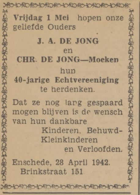 Brinkstraat 151 J.A. de Jong advertentie Tubantia 28+4+1942.jpg