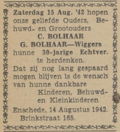 Brinkstraat 165 C. Bolhaar advertentie Tubantia 14-8-1942.jpg