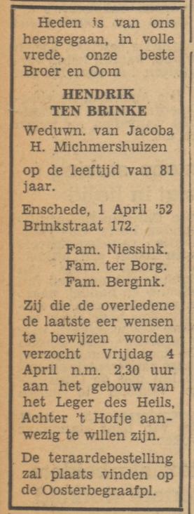 Brinkstraat 172 Hendrik ten Brinke overlijdensadvertentie Tubantia 2-4-1952.jpg