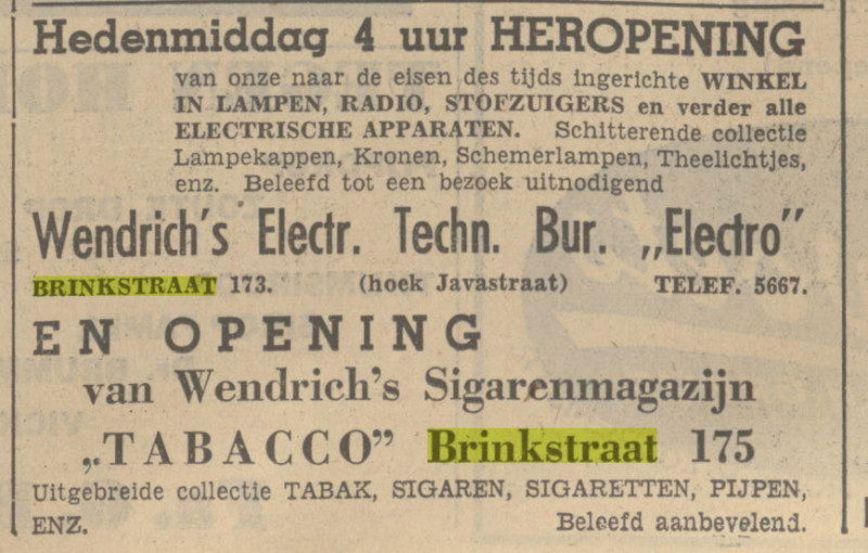 Brinkstraat 173 Wendrich electro Brinkstraat 175 Wendrich Sigarenmagazijn advertentie Tubantia 31-10-1936.jpg