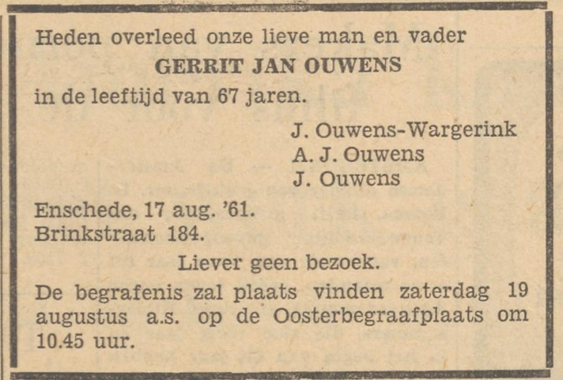 Brinkstraat 184 G.J. Ouwens overlijdensadvertentie Tubantia 17-8-1961.jpg