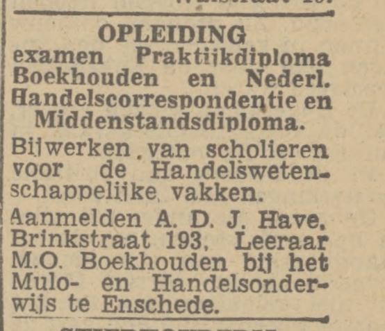 Brinkstraat 193 A.D.J. Have advertentie Twentscgh nieuwsblad 14-12-1944.jpg