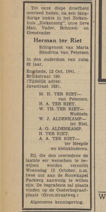 Brinkstraat 190 Herman ter Riet overlijdensadvertentie Tubantia 13-10-1941.jpg