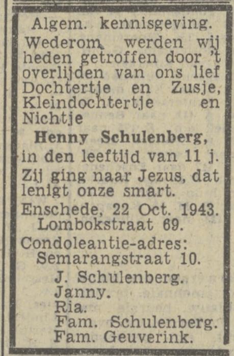 Lombokstraat 69 Henny Schulenberg overlijdensadvertentie Twentsch nieuwsblad 23-10-1943.jpg