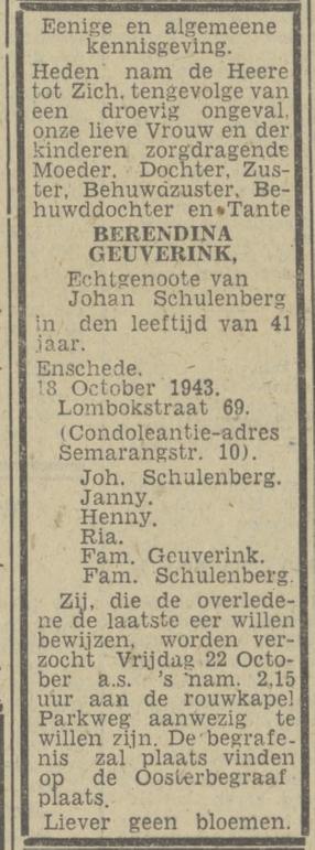 Lombokstraat 69 Berendina Schulenberg-Geuverink overlijdensadvertentie Twentsch nieuwsblad 20-10-1943.jpg