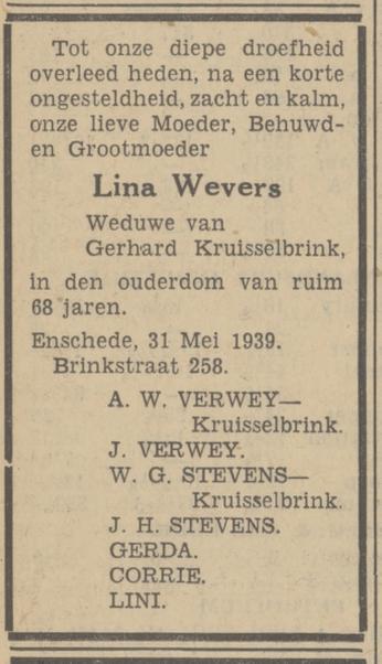 Brinkstraat 258 wed. Lina Kruisselbrink-Wevers overlijdensadvertentie Tubantia 31-5-1939.jpg