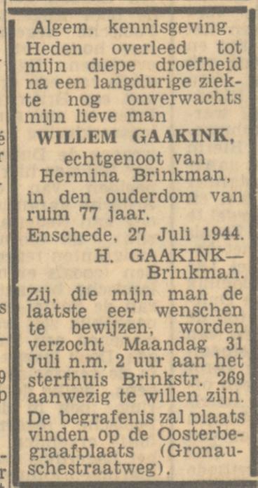 Brinkstraat 269 Willem Gaakink overlijdensadvertentie Twentsch nieuwsblad 28-7-1944.jpg