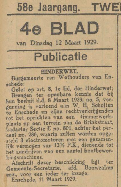 Brinkstraat 286 W.H. Scholten timmerwerkplaats krantenbericht Tubantia 12-3-1929.jpg