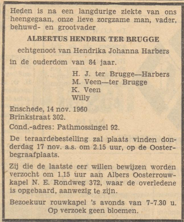 Brinkstraat 302 A.H. ter Brugge overlijdensadvertentie Tubantia 15-11-1960.jpg