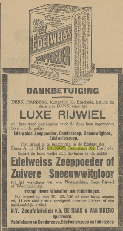 Brinkstraat 302 A.H. ter Brugge advertentie Tubantia 4-3-1927.jpg