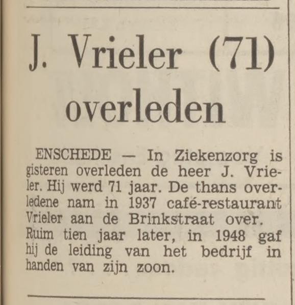 Brinkstraat 301-303 cafe restaurant Vrieler eigenaar J. Vrieler krantenbericht Tubantia 24-11-1966.jpg