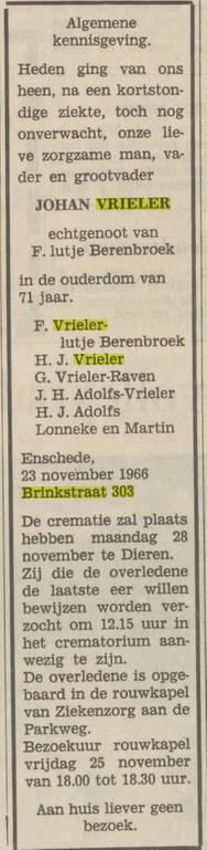 Brinkstraat 303 Johan Vrieler overlijdensadvertentie Tubantia 24-11-1966.jpg
