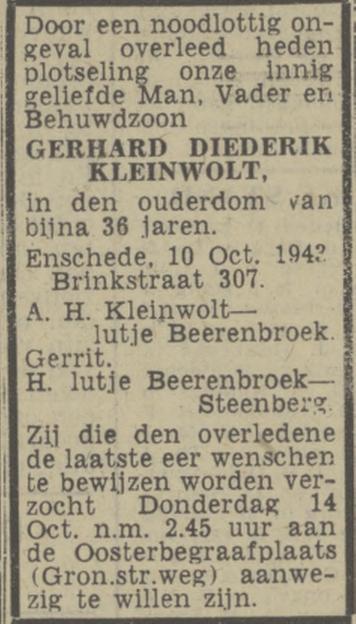 Brinkstraat 307 G.D. Klein Wolt overlijdensadvertentie Twentsch nieuwsblad 13-10-1943.jpg