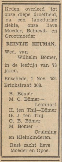 Brinkstraat 308 Wed. R. Bomer-Heuman overlijdensadvertentie Tubantia 3-11-1952.jpg